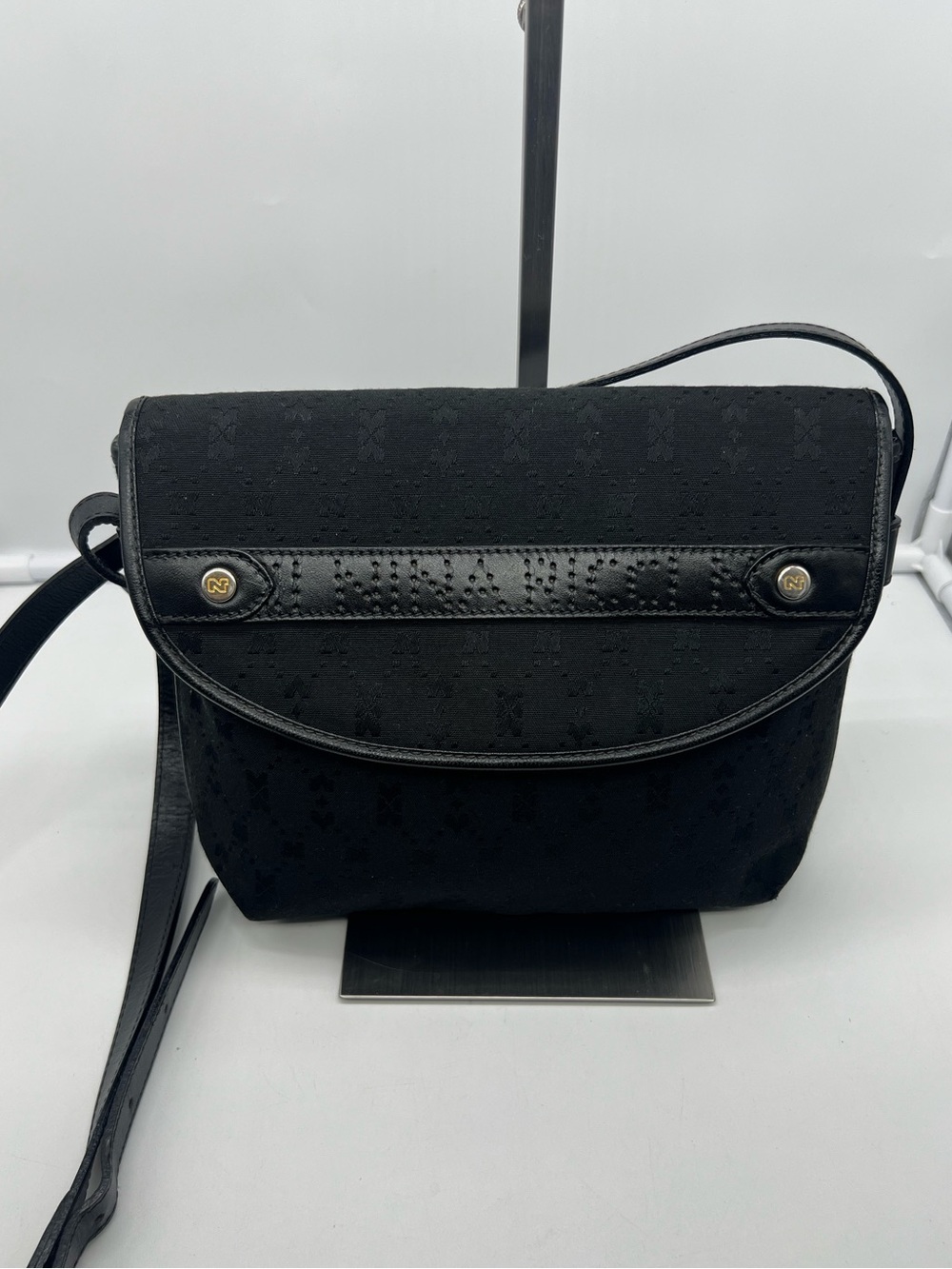 NINA RICCI VINTAGE Black Monogram Canvas Perforated Leather Flap Crossbody Bag